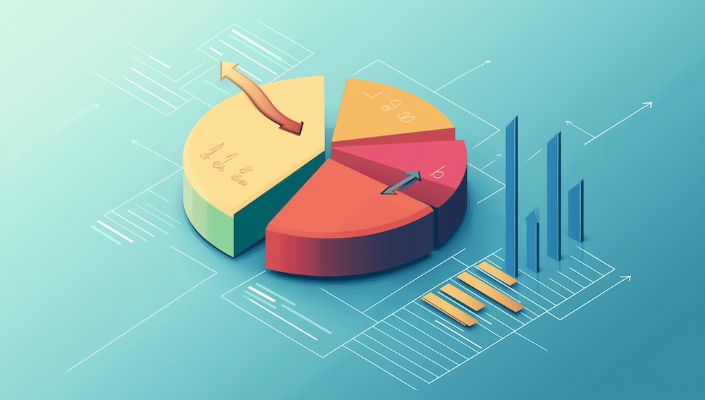 Creative infographic showing a layered pie chart for budget allocation, paired with arrows indicating the growth of investment returns.